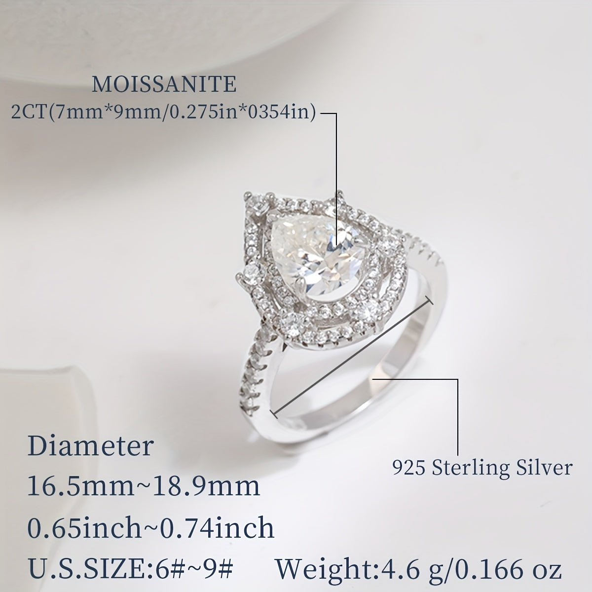 Anillo hipoalergénico de plata de ley con diseño de corazón de moissanita pera de 2ct para mujeres compromiso boda