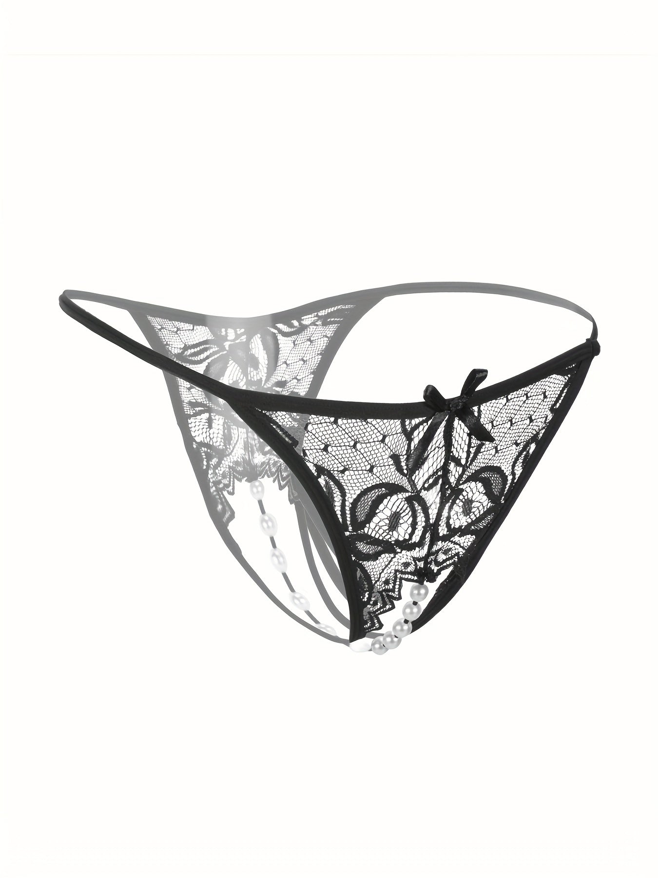 Women's Floral Lace Thongs with Faux Pearl Detail Open Crotch Sexy Lingerie