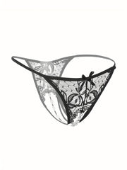 Women's Floral Lace Thongs with Faux Pearl Detail Open Crotch Sexy Lingerie
