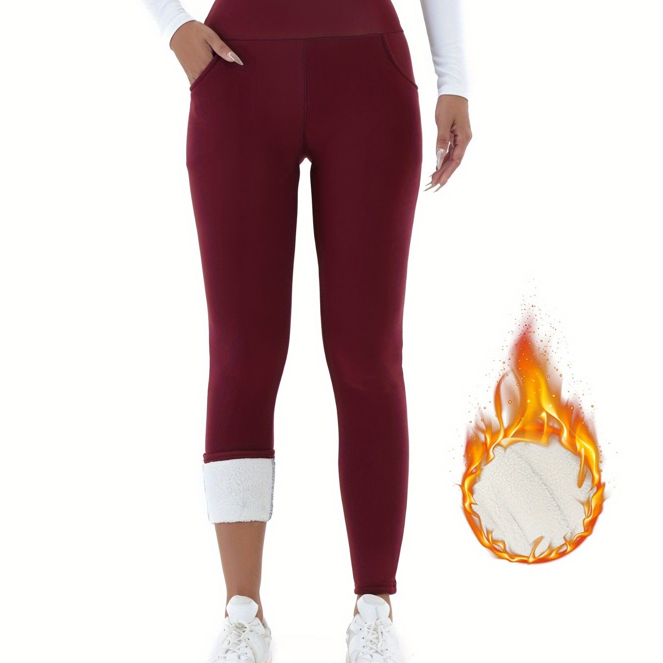 Women's Fleece-Lined High-Waist Leggings with Pockets for Fall and Winter