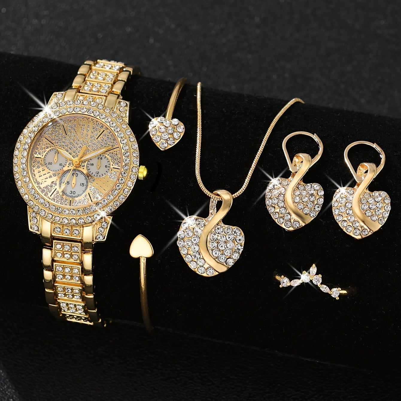 Women's Gold Tone Rhinestone Quartz Watch Set with Jewelry 6-Piece Gift Collection