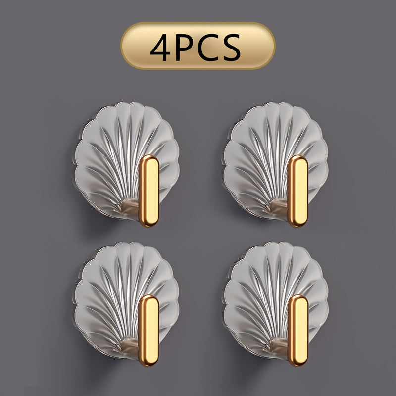 Juego de 4 ganchos de pared con conchas chapadas en oro, impermeables y fáciles de instalar para cocina y puertas de baño