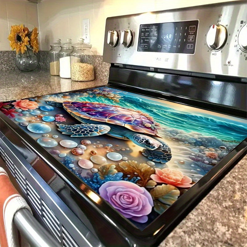 Ocean-Themed Gas Stove Burner Cover Mat with Sea Turtle and Coral Reef Design High-Temperature Resistant Polyester