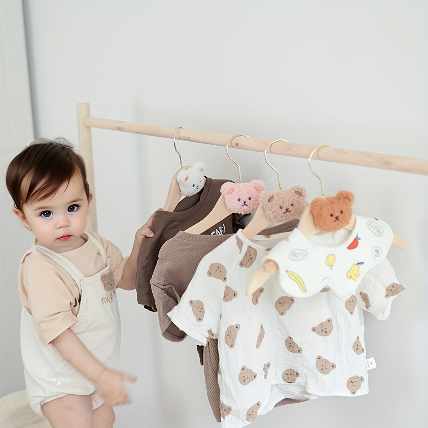 Wooden Clothes Hangers with Cartoon Bear Design Lightweight Durable Swivel Hooks for Ages 14 and Up