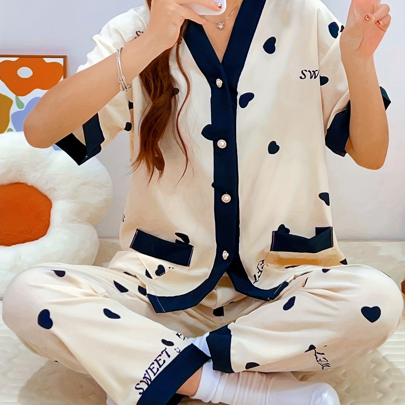 Women's Summer Pajama Set with Heart Pattern Short Sleeve V-Neck Cardigan and Long Pants
