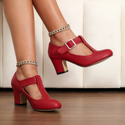 Women's Black Faux Leather Mary Jane Thong Sandals with Chunky Heel