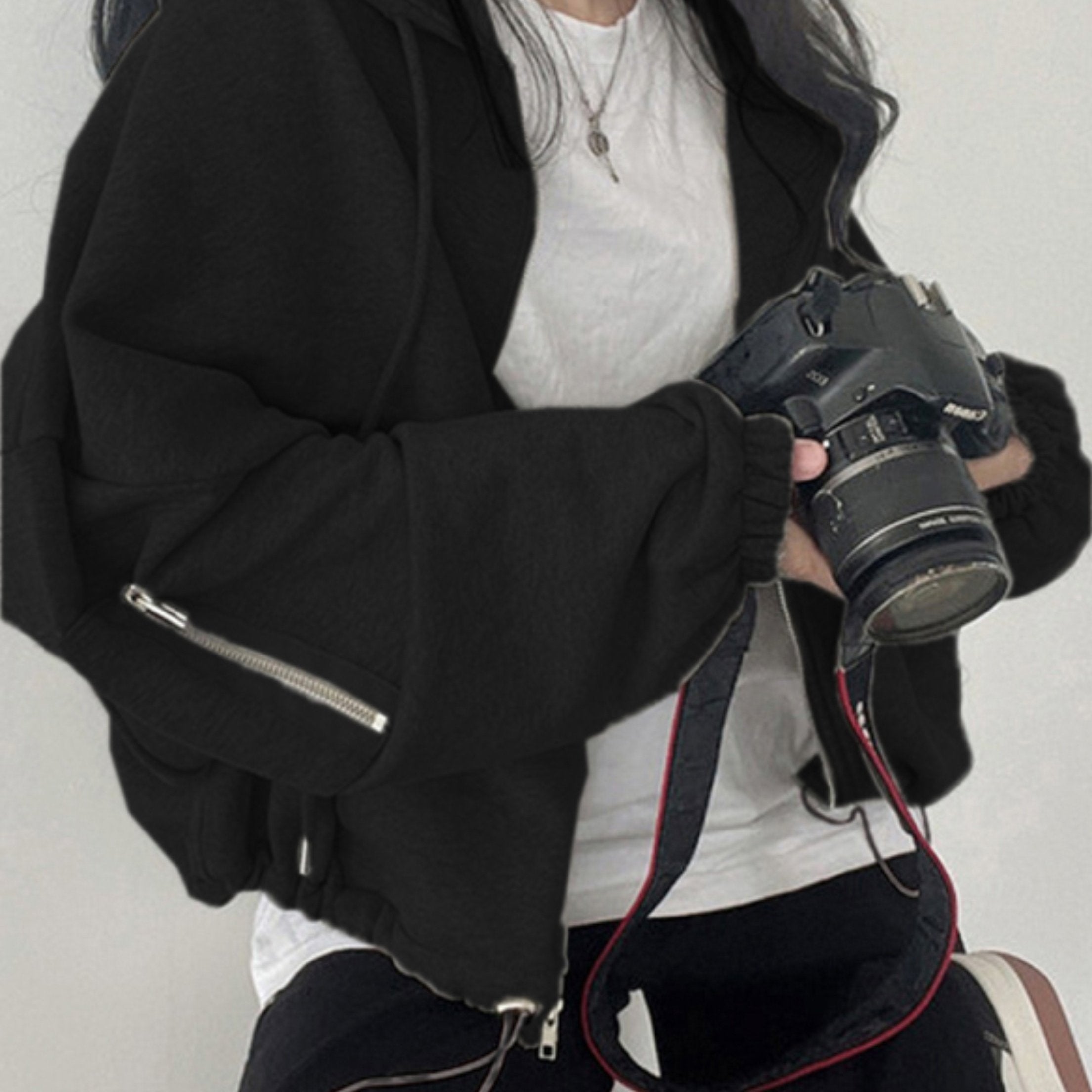 Women's Short Hooded Sweatshirt with Open Chest Design Polyester Fall Winter