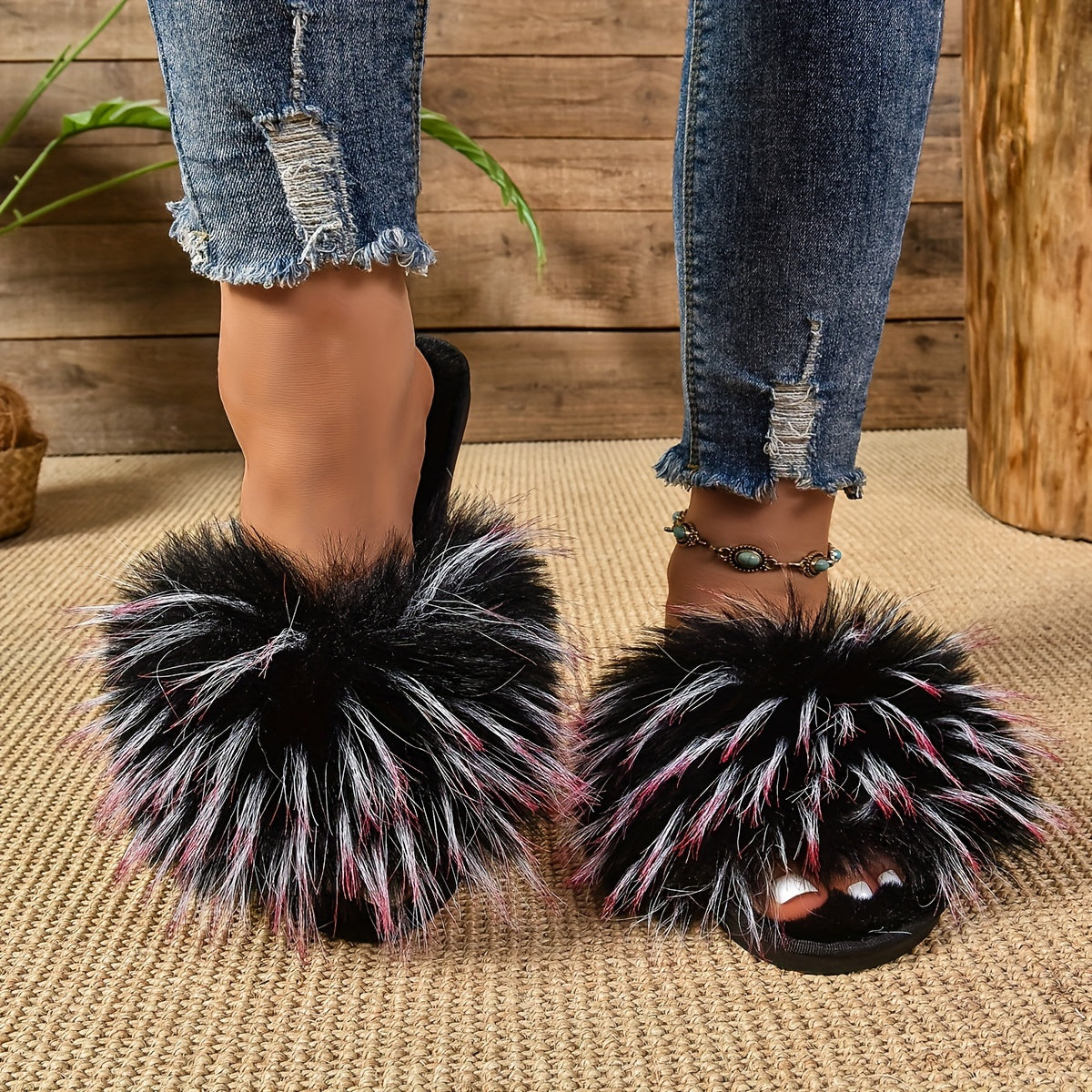 Women's Faux Fur Slippers Open Toe Indoor Comfortable Slip Ons