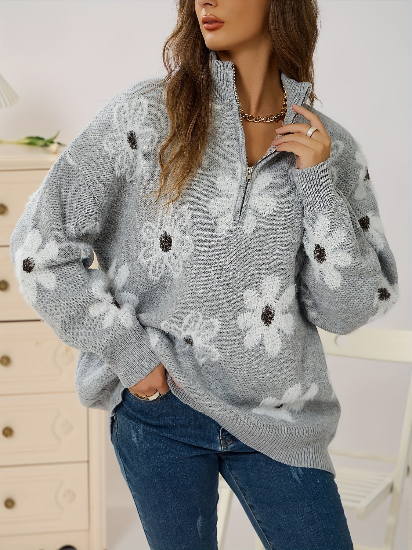 Women's Floral Pattern Zip Sweater Long Sleeve Casual Pullover for Autumn Winter