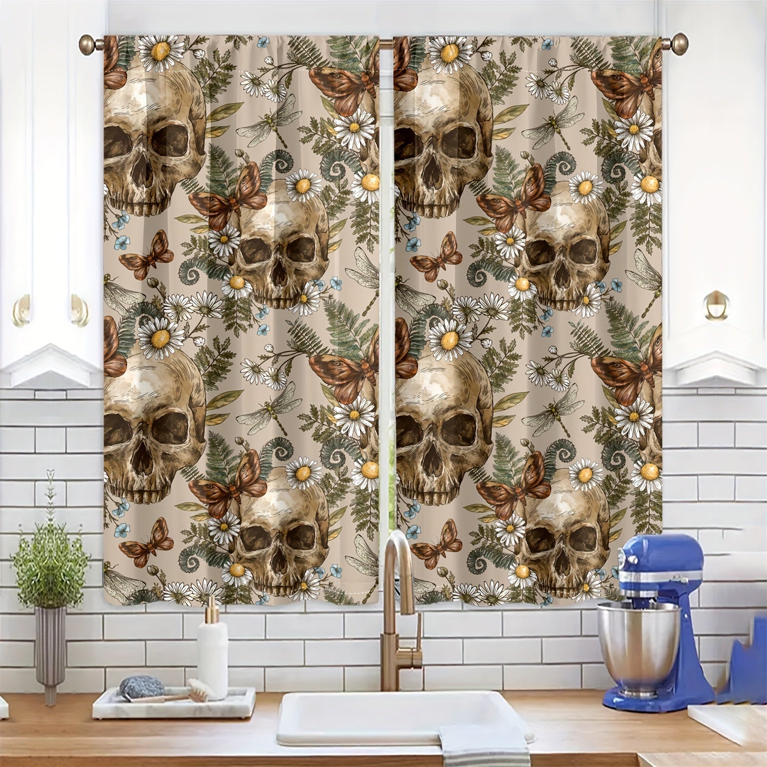Semi-Transparent Halloween Skull and Butterfly Chrysanthemum Curtains Set of 2 Privacy Drapes for Living Room Bedroom