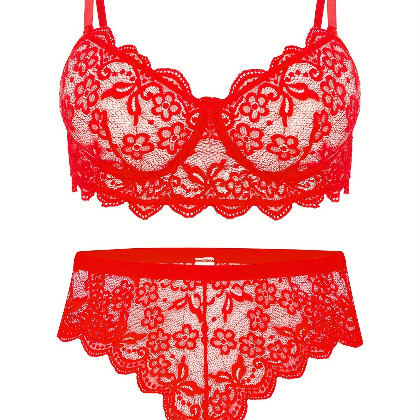 Plus Size Lace Lingerie Set Floral Semi Sheer Bra and Panty