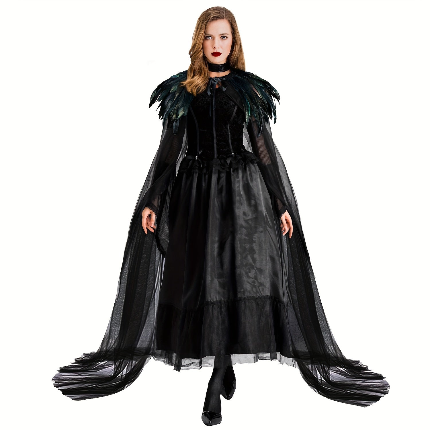 Evil Queen Witch Costume for Women with Feathered Cape Long Robe and Shawl