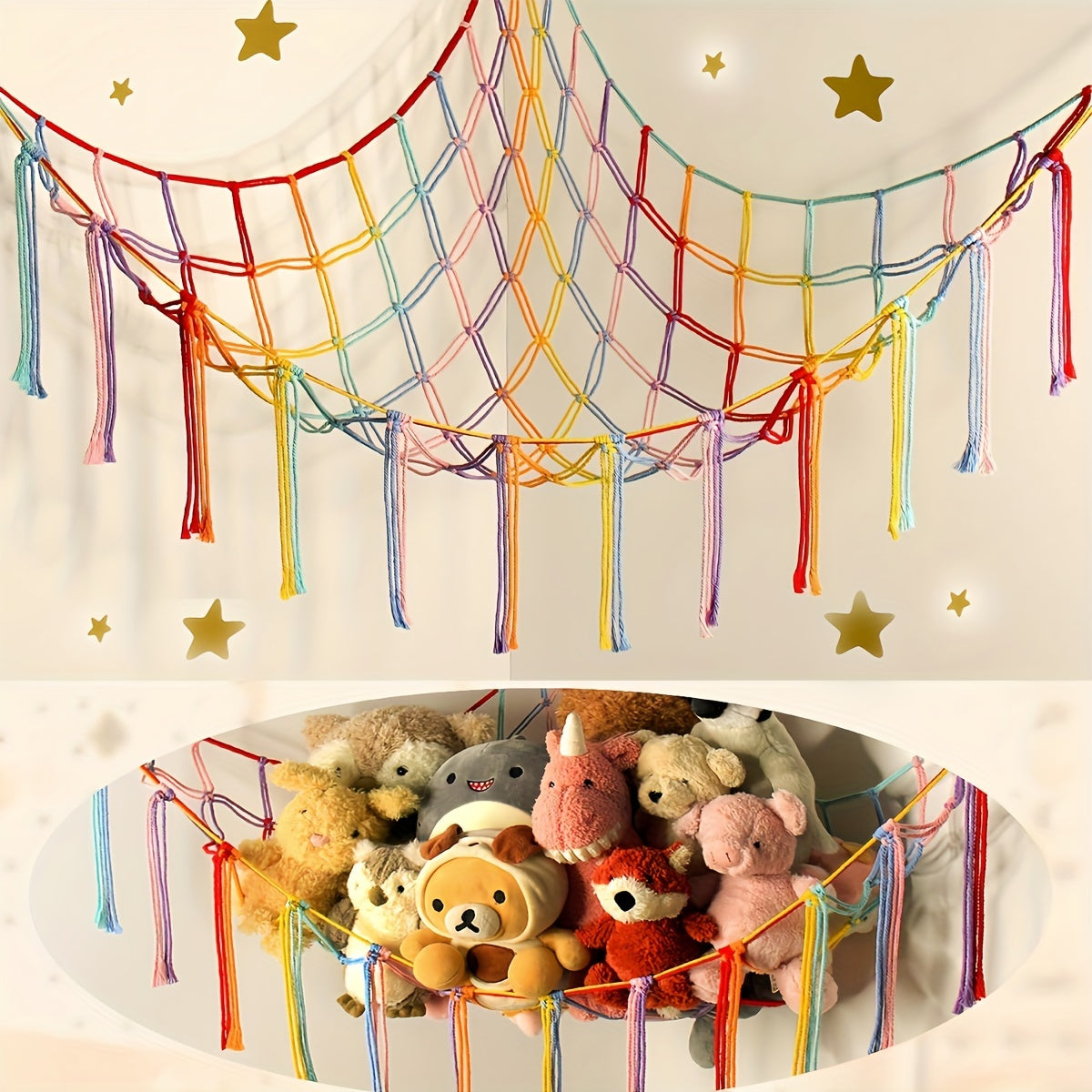 Colorful Bohemian Wall Decor for Girls Kids Hammock with Stuffed Animal Storage