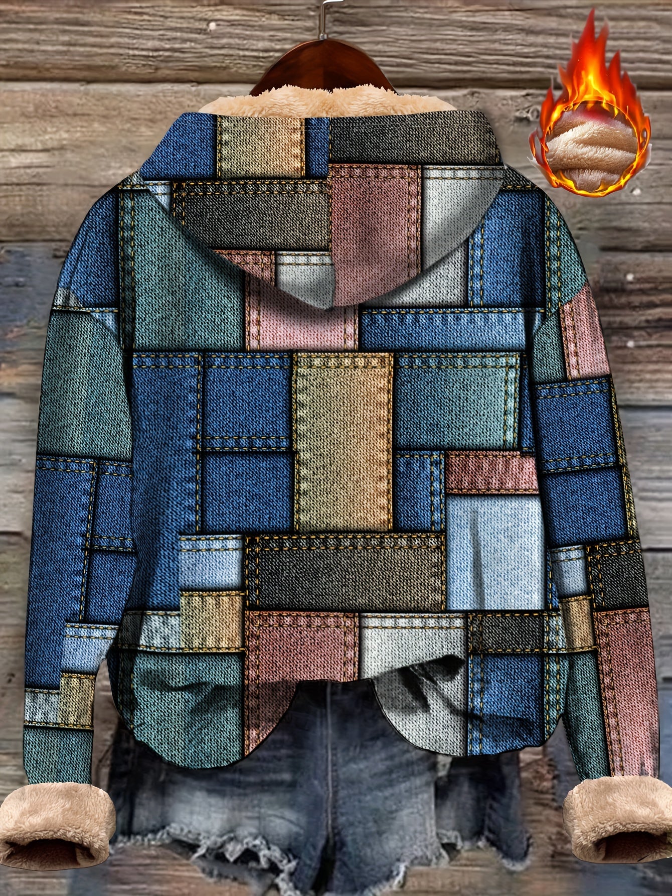 Plus Size Women's Denim-Style Hoodie with Faux Denim Pattern Autumn Winter Long Sleeve