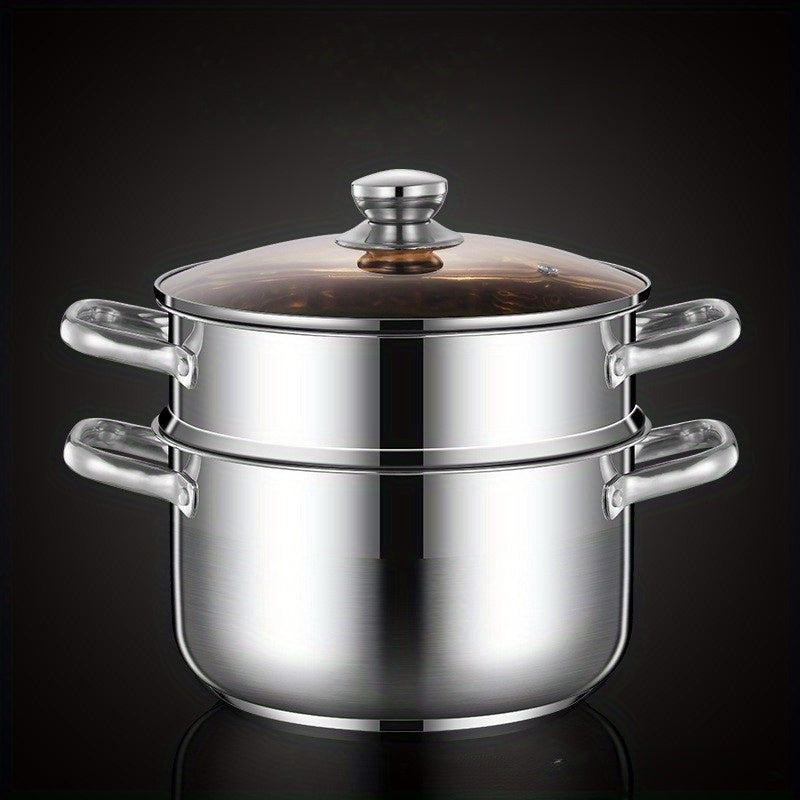 Stainless Steel Steamer Pot with Double Layer Basket 21.84cm for Induction Gas Stove