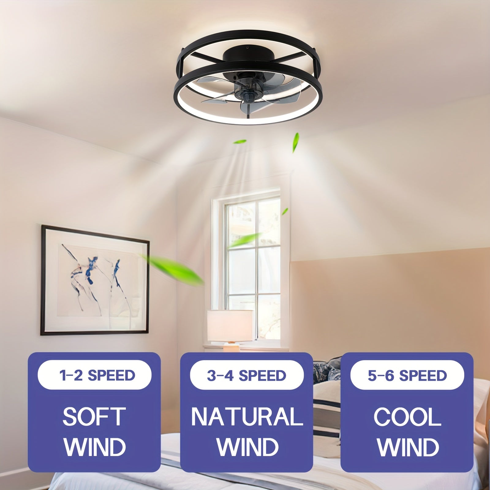 Black Dimmable Low Profile Ceiling Fan with Lights Remote Control for Bedroom Living Room Kitchen