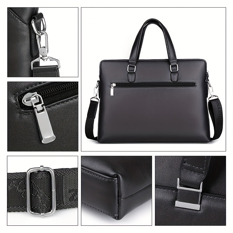 Men's Minimalist Black PU Leather Handbag Set with Computer Briefcase for Office