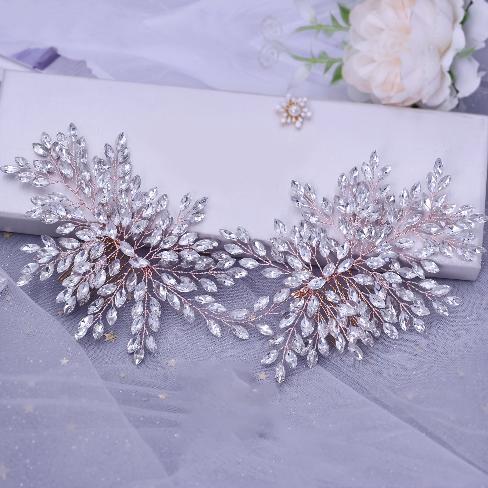 Y2K-Inspired Polyresin Rose Hair Comb with Rhinestones for Weddings and Formal Events