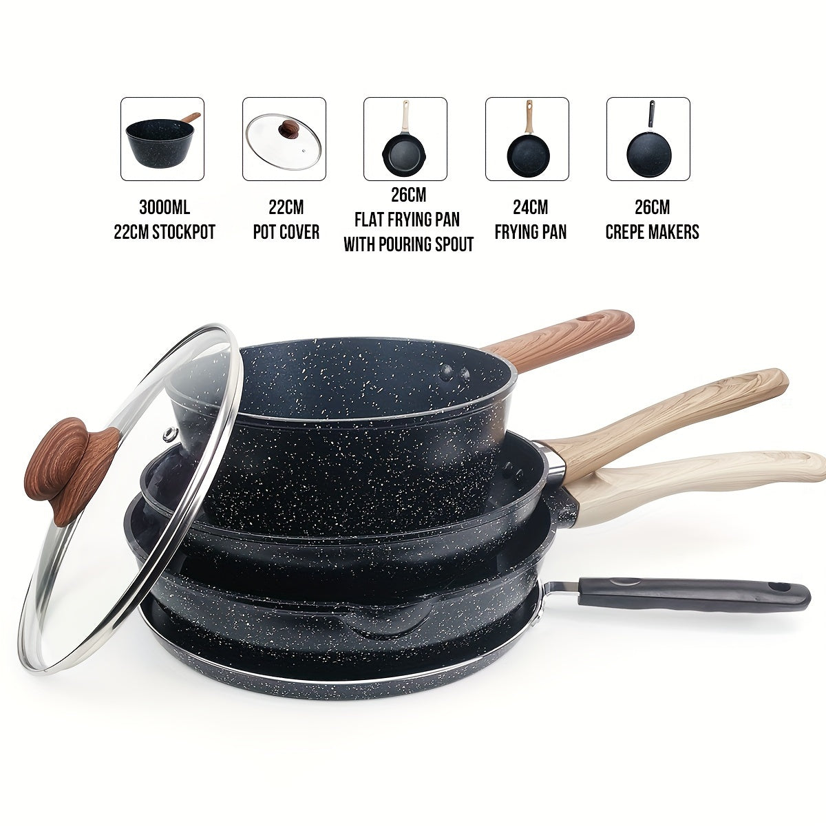 Juego de utensilios de cocina antiadherentes de Teflón negro de 3 piezas con olla para sopa y sartenes