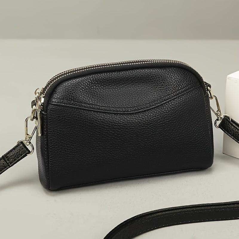 Women's Genuine Leather Crossbody Bag Solid Color Zipper Closure Adjustable Strap Polyester Lining Black White