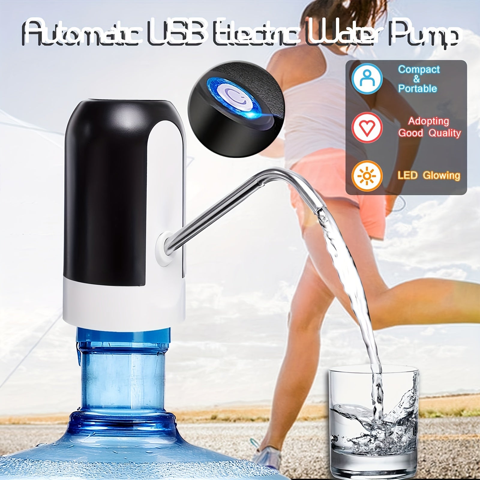 USB Rechargeable Electric Water Pump for 11.36-18.93 L Bottles Portable Automatic Drinking Dispenser