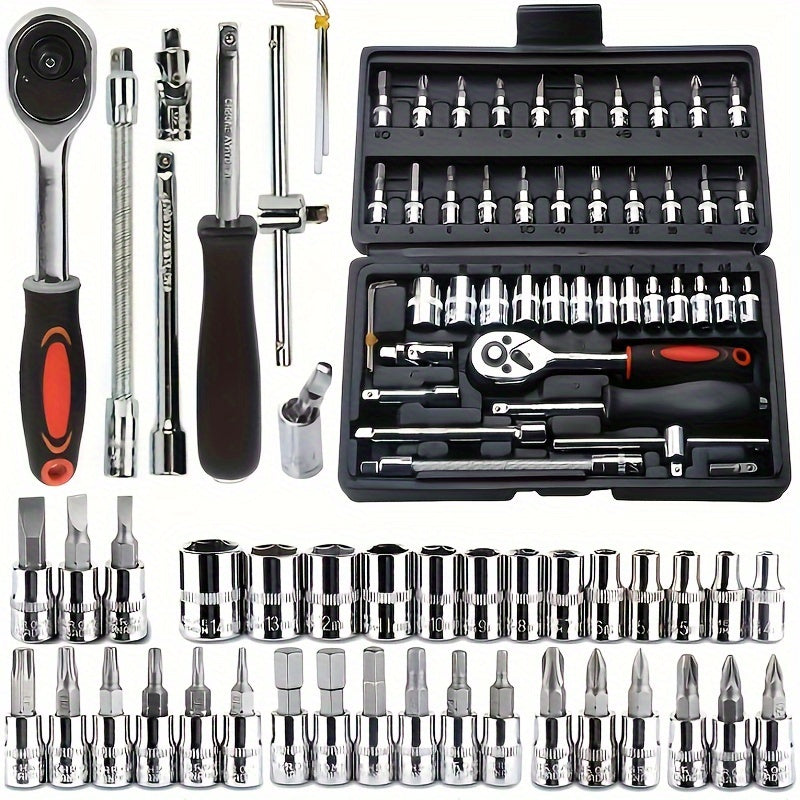 Kit de herramientas multifunción de acero inoxidable de 46 piezas con estuche rojo para reparación de autos y bicicletas