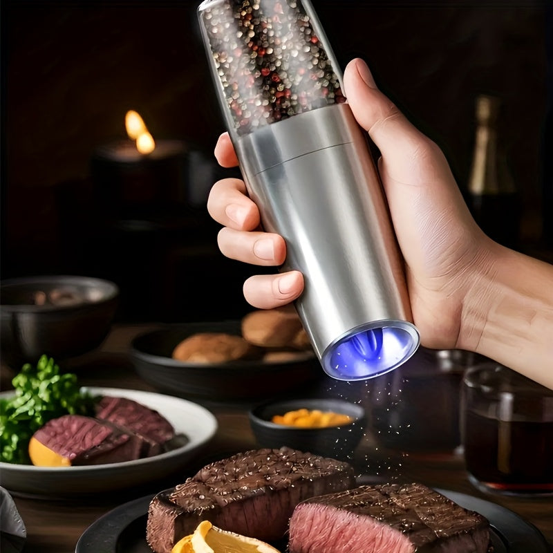 Molino eléctrico de especias con sensor de gravedad, cuerpo de acero inoxidable, tamaño de partícula ajustable, luz LED para hogares, restaurantes y picnics