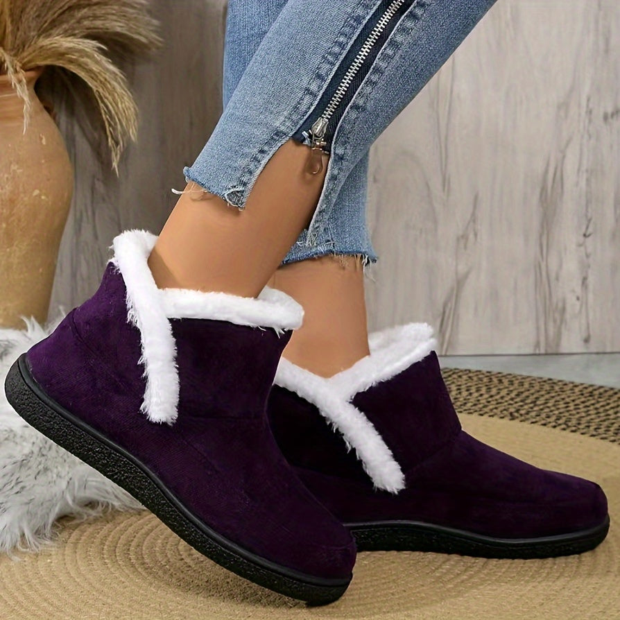 Women's Fleece-Lined Ankle Boots Casual Slip-On Short Boots Rubber Sole