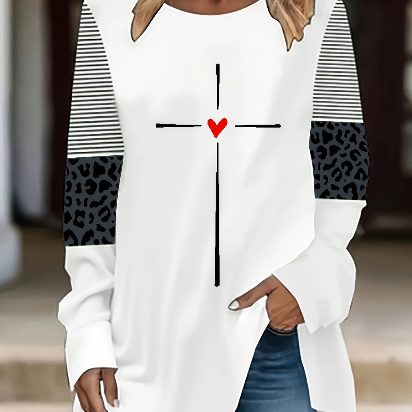 Plus Size Women's Cotton Long Sleeve T-Shirt Heart and Zebra Print White Black Brown