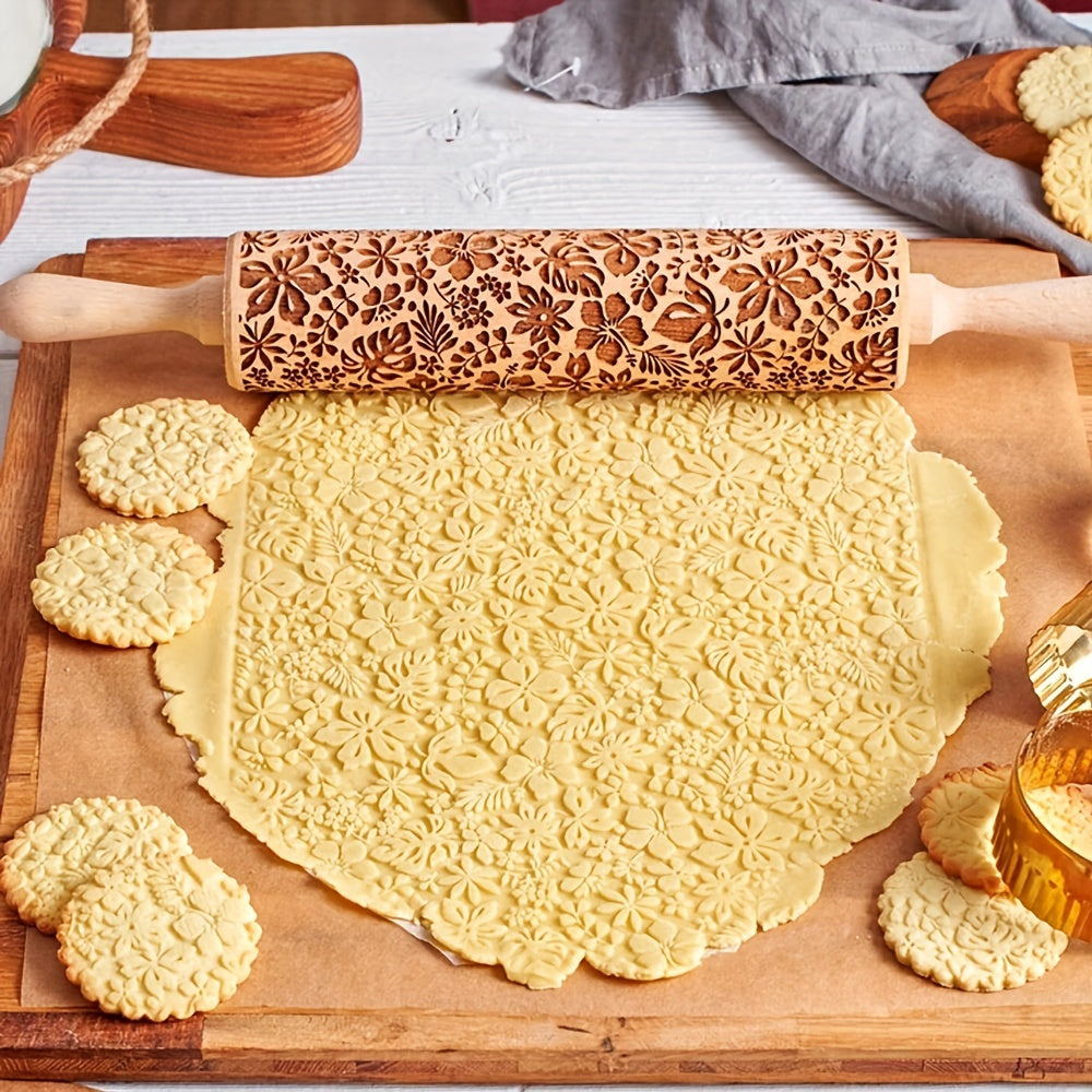 Wooden Embossing Dough Roller with Flower and Leaf Design 34.8cm Kitchen Utensil