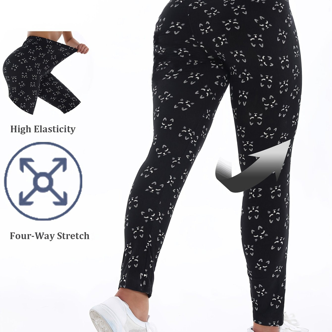 Women's Plus Size Cropped Leggings Black Ink Print High Waist Stretchy Sportswear