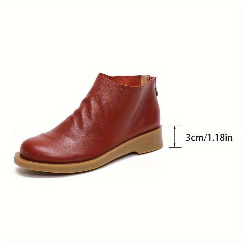 Women's Faux Leather Round Toe Zipper Short Boots with Low Heel and Ankle Support