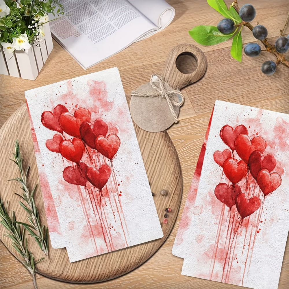 2 ta Ultra Yumshoq Polyester Oshxona Sochiqlari - Romantik Qizil Yuraklar bilan bezatilgan, bu juda singdiruvchi va mashinada yuvish mumkin bo'lgan idish sochiqlari Sevgi to'plamiga qo'shish uchun ideal. O'lchami 40.64x60.96 sm, bu idish sochiqlari