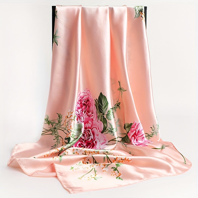 Women's Satin Flower Print Square Scarf 89.99cm Sun Protection Windproof Shawl