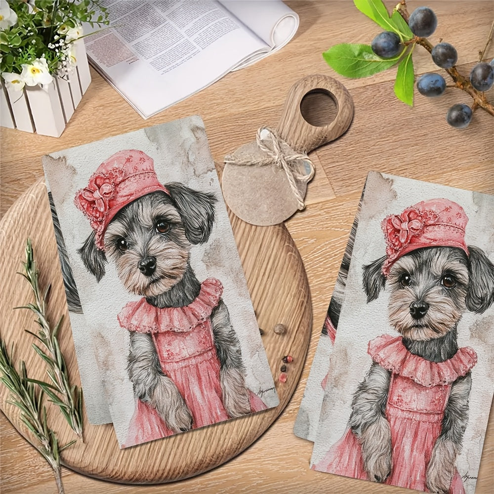 Set Of 2 Ultra-Soft Kitchen Towels With Schnauzer Puppy Design 40x60cm