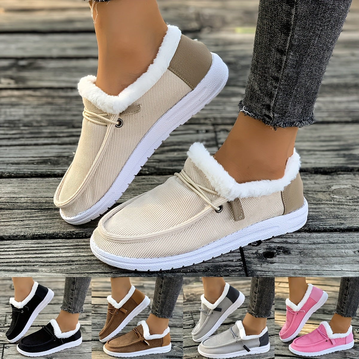 Ayollar uchun bej rangli slip-on mokasinlar, mo'ynali chetlar bilan, kundalik tekis poyabzal