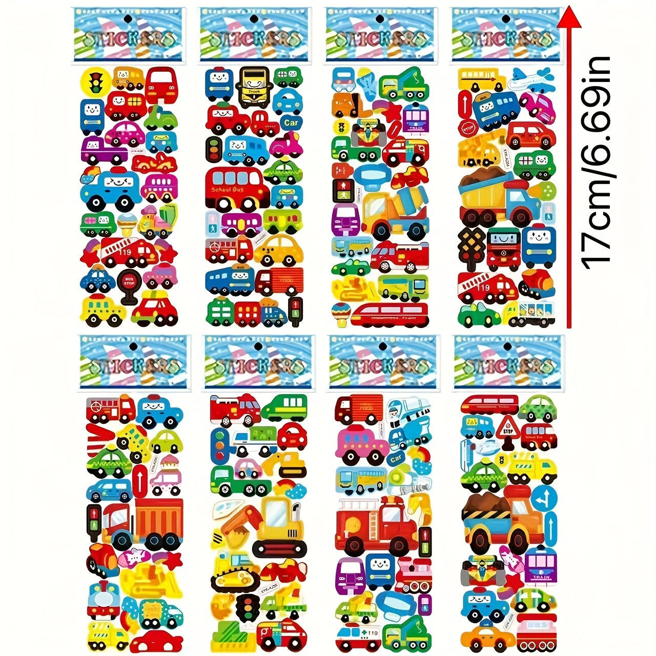 Set of 8 Cartoon Vehicle Stickers with 3D Stereoscopic Cars Fire Trucks and Excavators for Kids