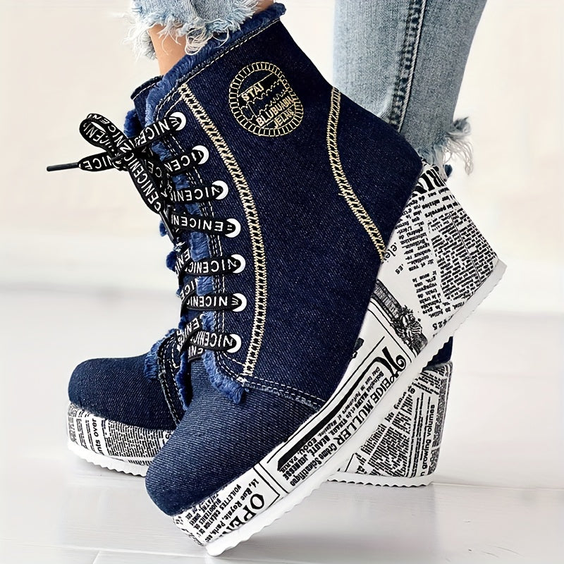 Women’s Solid Denim Lace-Up Platform Boots with Wedge Heel and Round Toe