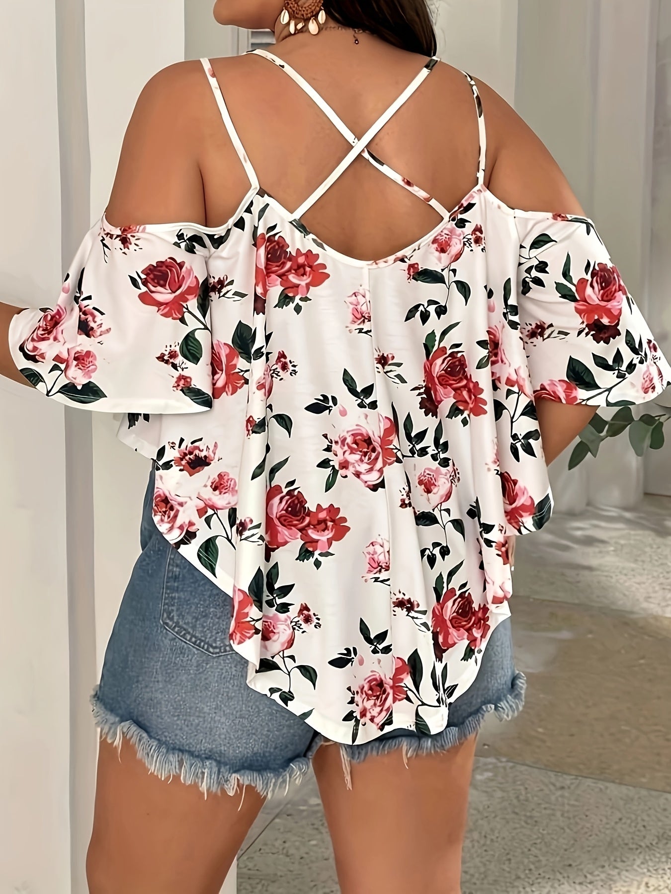 Women's Plus Size Floral Off Shoulder Ruffle Top Casual Sleeveless Summer Light Green Orange Black
