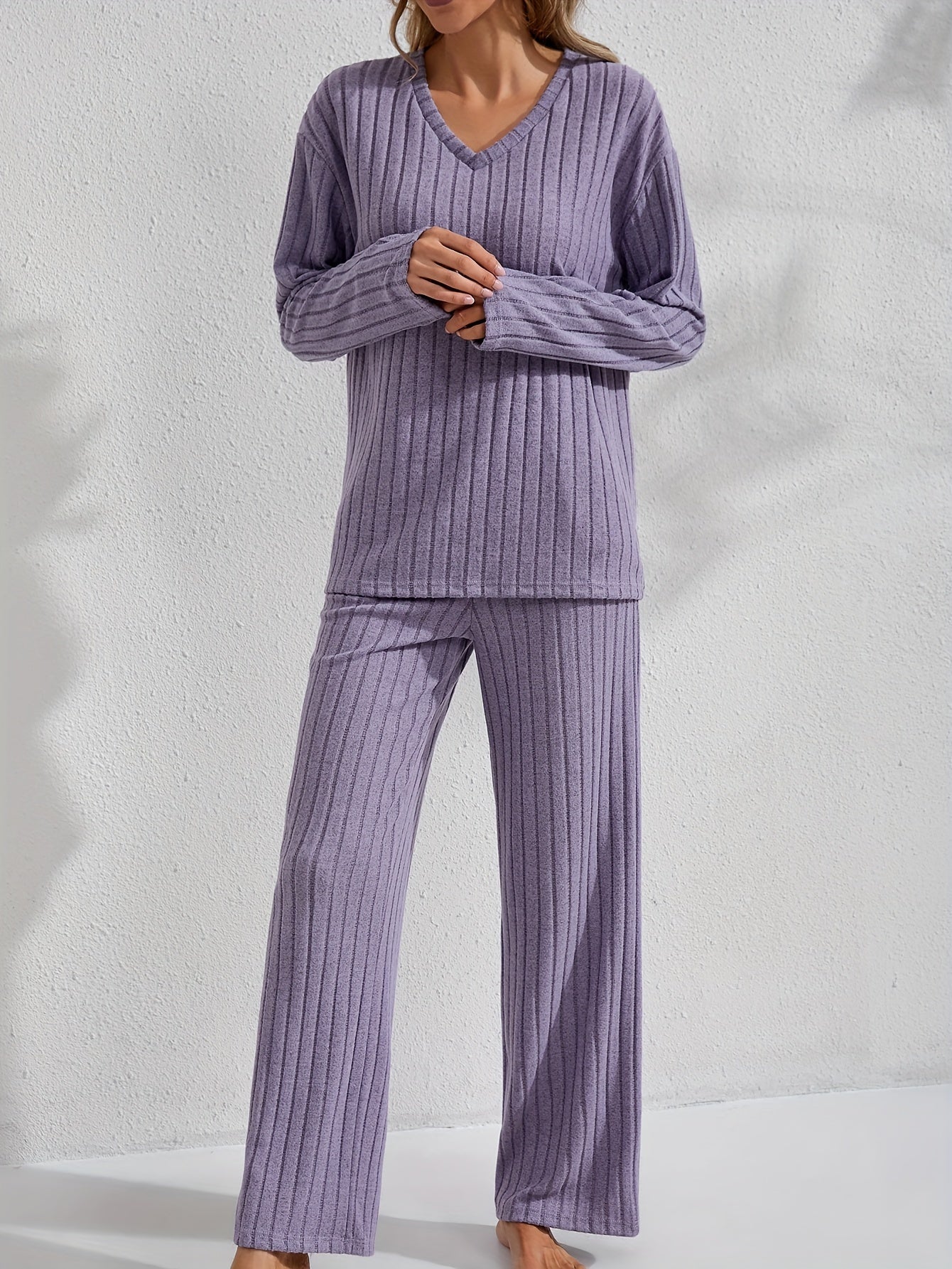 Women's Long Sleeve Pajama Set with Pants for Autumn Winter Solid Color Micro Elastic Polyester