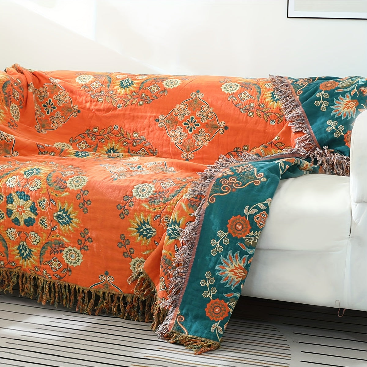 Vintage Floral Cotton Sofa Towel Blanket with Tassels Multi-Functional Nap Cover