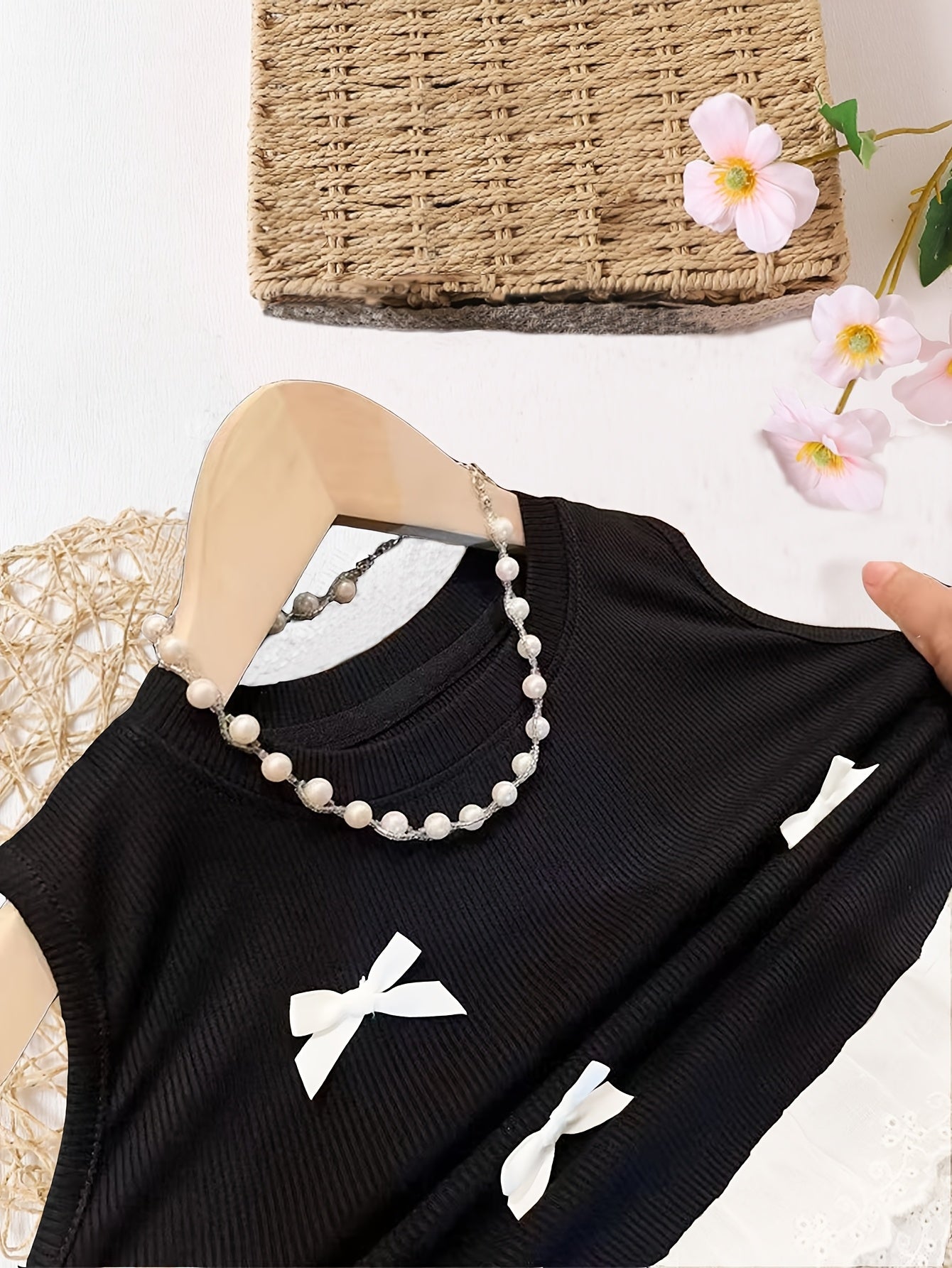 Girls' Summer Knit Top with Lace Trim Bow Ruffle Hem Sleeveless Solid Color