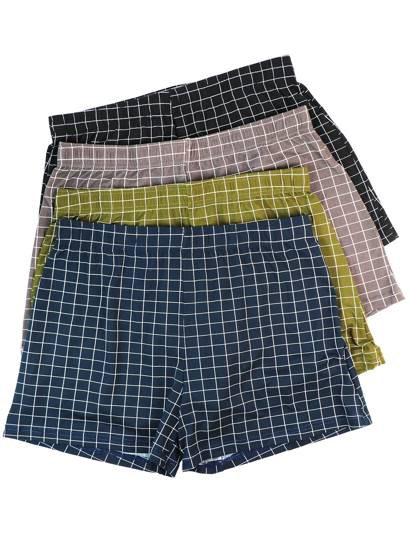 Men's 4-Pack Plaid Print Loose Fit Underwear Polyester Spandex Shorties