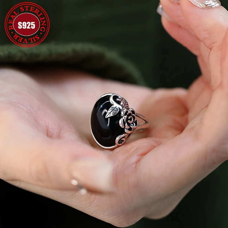 Винтажное роскошное кольцо с розой - Элегантное регулируемое кольцо из 925-й стерлинговой серебра с имитацией нефрита, идеальный подарок для нее