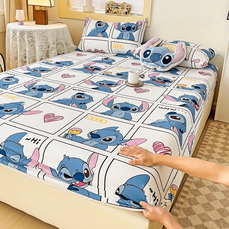 Conjunto de ropa de cama de Disney Stitch de 3 piezas para niños con sábana ajustable, fundas de almohada y cojín de felpa
