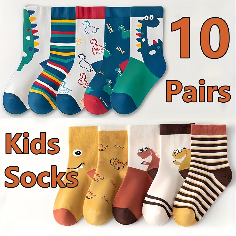 Boys' Dinosaur Pattern Crew Socks 10 Pairs All-Season Cotton Blend