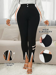 Plus Size Women's High-Waist Leggings with Thigh-High Split White Accents