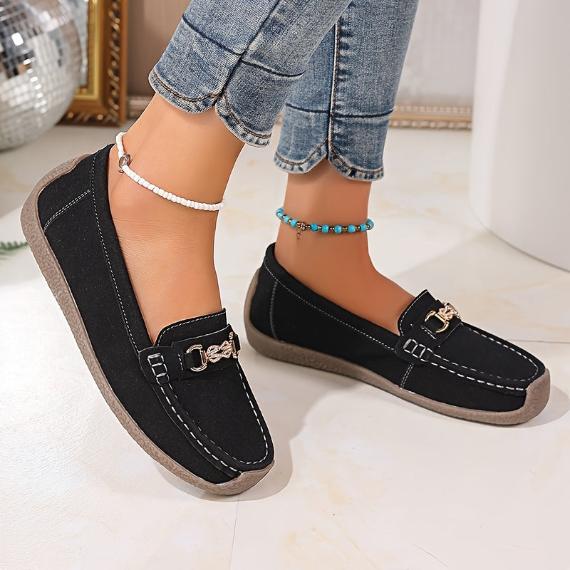 Women's Slip-On Loafers Leather Casual Flats with Metallic Buckle Black Brown Beige