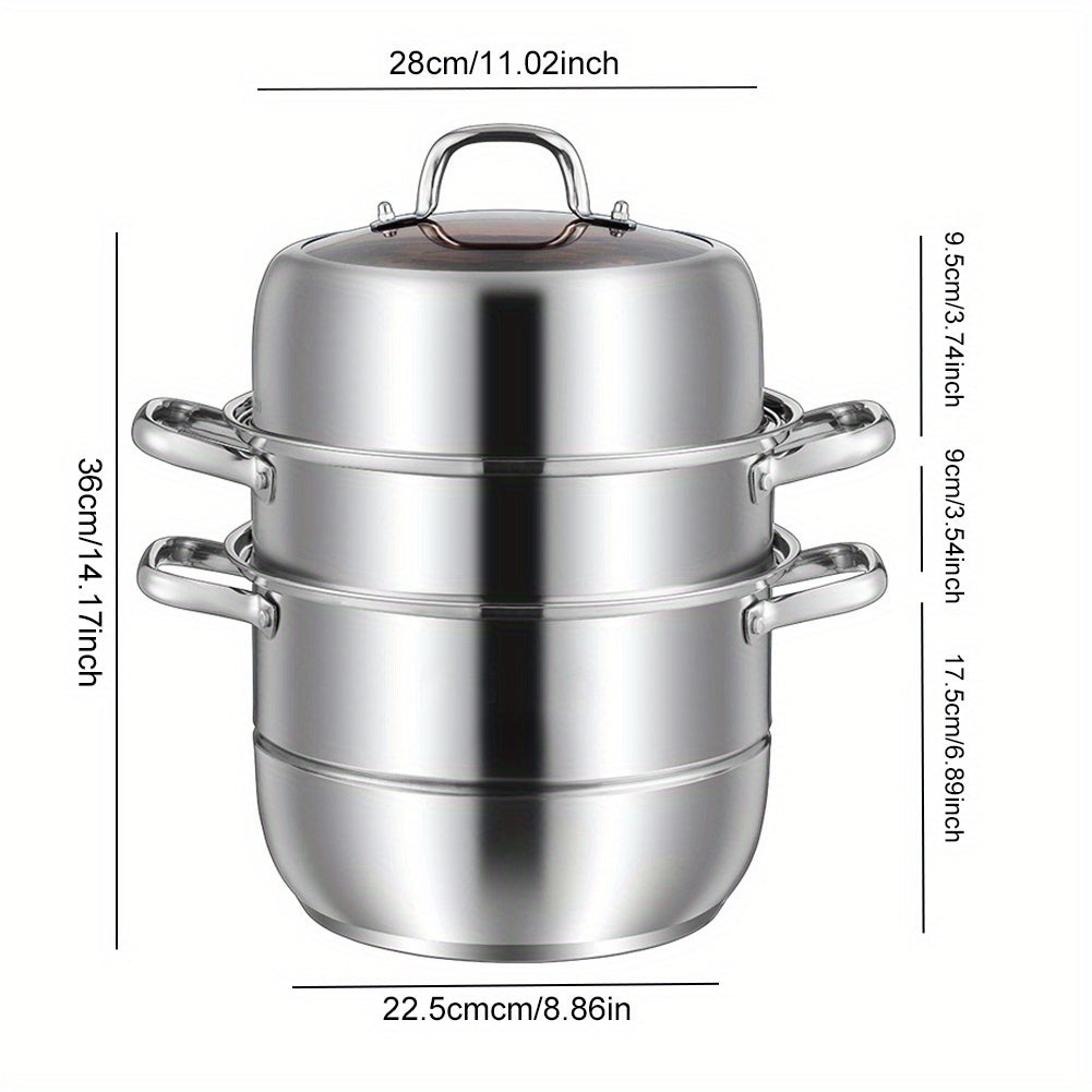 Three-Tier Stainless Steel Steamer Pot 27.94cm with Glass Lid for Vegetables and Dumplings