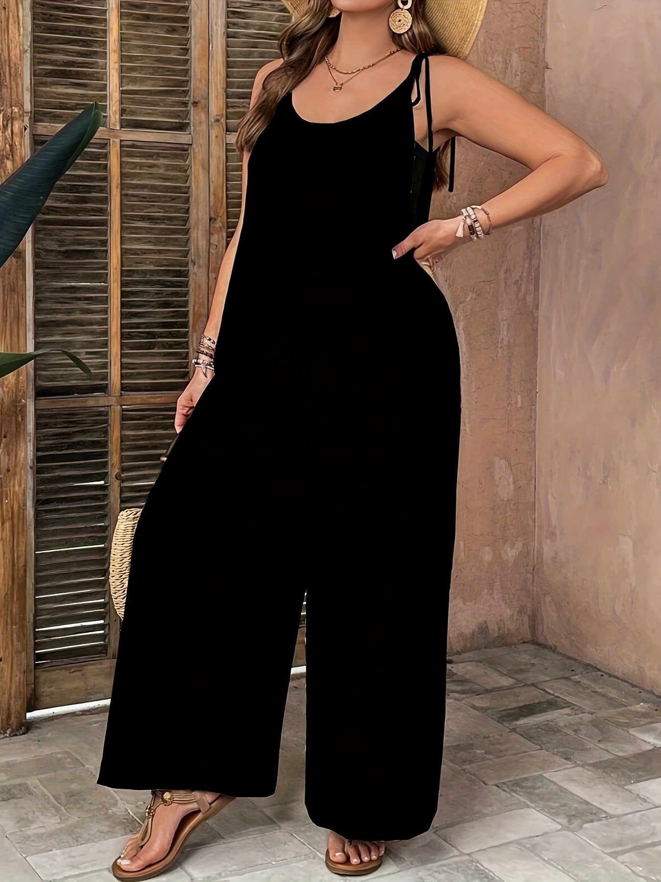 Women's Plus Size Sleeveless Wide-Leg Jumpsuit Polyester Solid Color